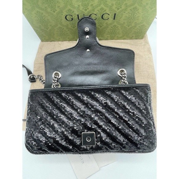 NEW GUCCI MARMONT SEQUIN LEATHER BLACK CROSSBODY SHOULDER BAG PURSE AUTH BOX! - Picture 13 of 16